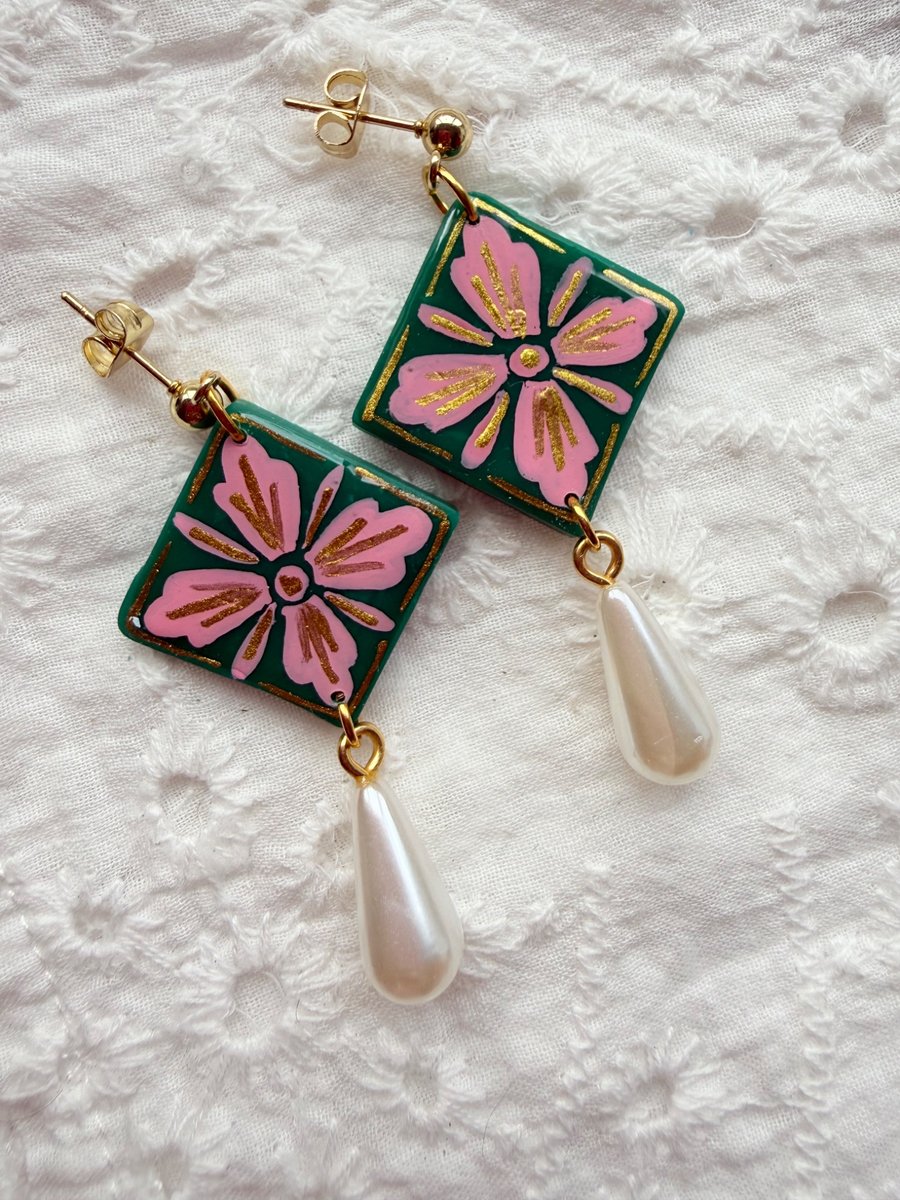 Emerald Green and Pink Floral Tile Pearl Drop Earrings