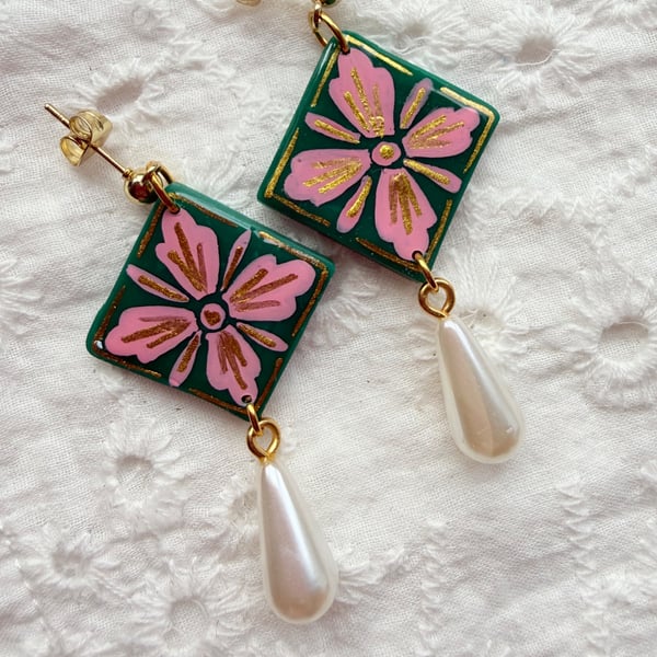 Emerald Green and Pink Floral Tile Pearl Drop Earrings