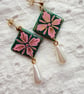 Emerald Green and Pink Floral Tile Pearl Drop Earrings