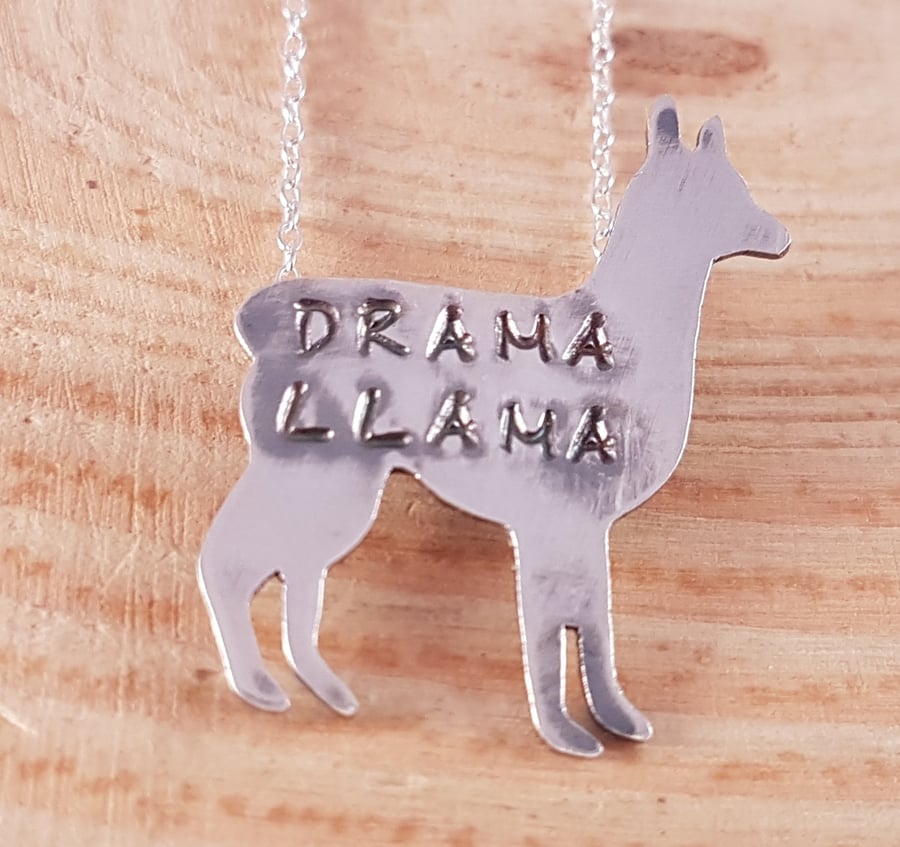 Sterling Silver Stamped 'Drama Llama' Llama Necklace