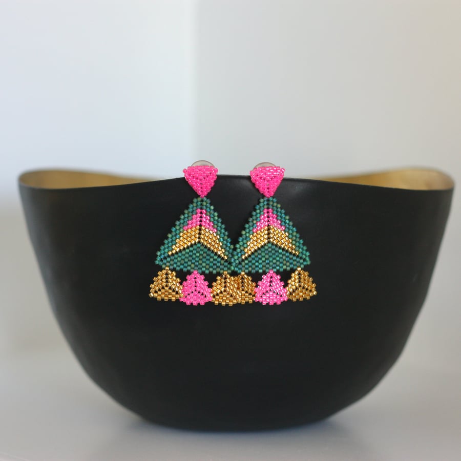 Emerald green, pink and gold hand beaded chandelier earrings.