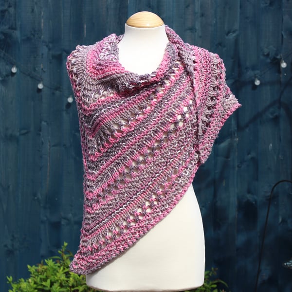 Hand knitted triangular shawl in burgundy, pink, grey and white  - design B528