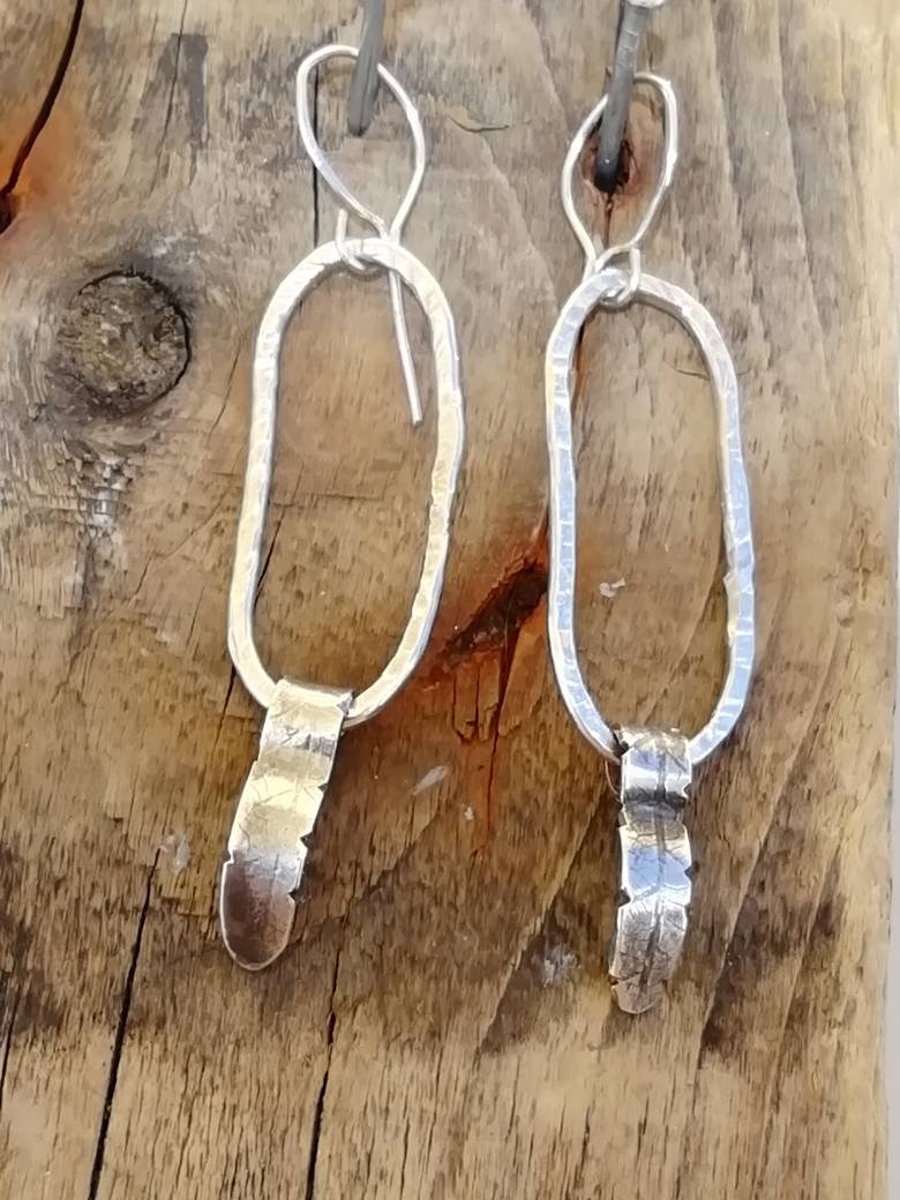 Sterling Silver Wire Long Hoop Earrings with a leaf textured drop handmade