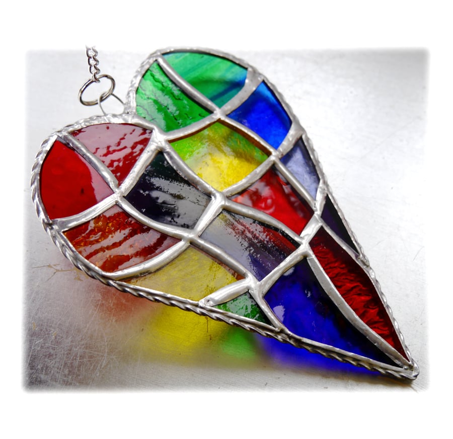 Patchwork Heart Suncatcher Stained Glass Handmade Rainbow 040