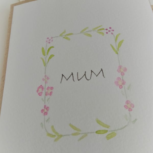 Original Hand Painted Mum Card with Pink & Purple Flower Wreath