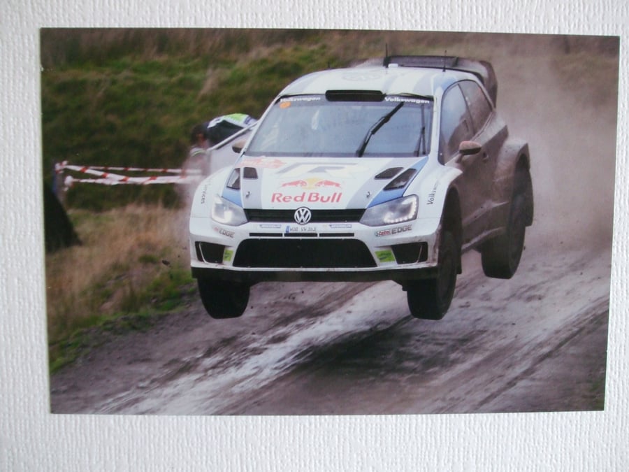 Photographic greetings card of Jari-Matti Latvala in a VW Polo R WRC.