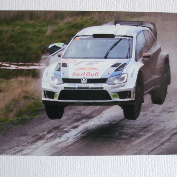 Photographic greetings card of Jari-Matti Latvala in a VW Polo R WRC.