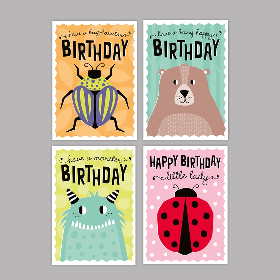 Kids birthday card multi-pack - pack of four mixed designs