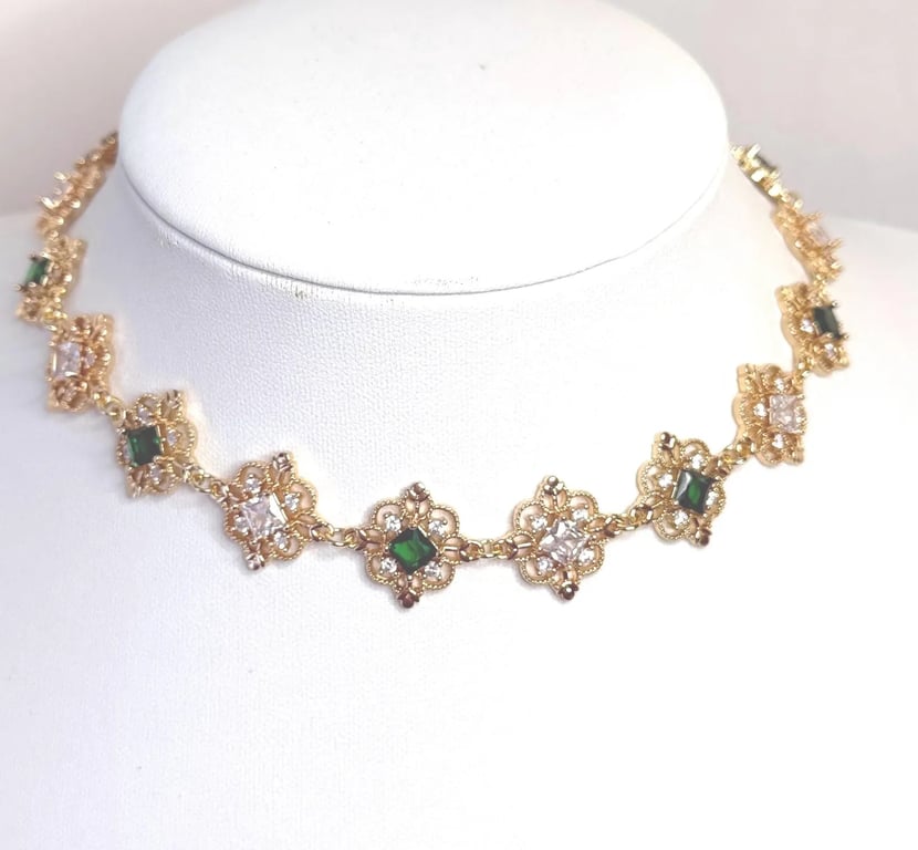 Green Clear Crystal Gold Necklace, Regency Style, Wedding Jewellery