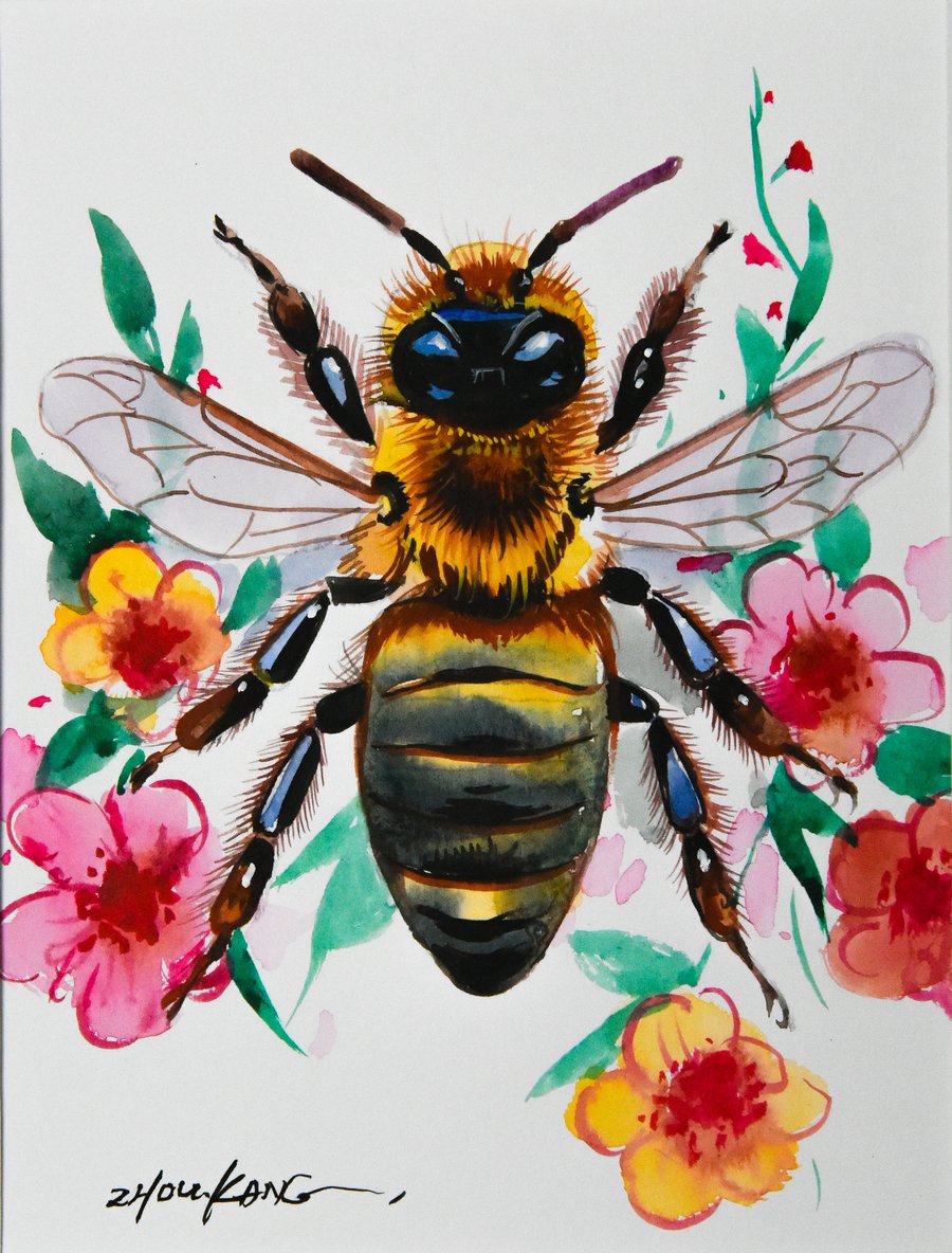 Watercolour Painting of a Bee on Paper and Framed (One of a Kind)