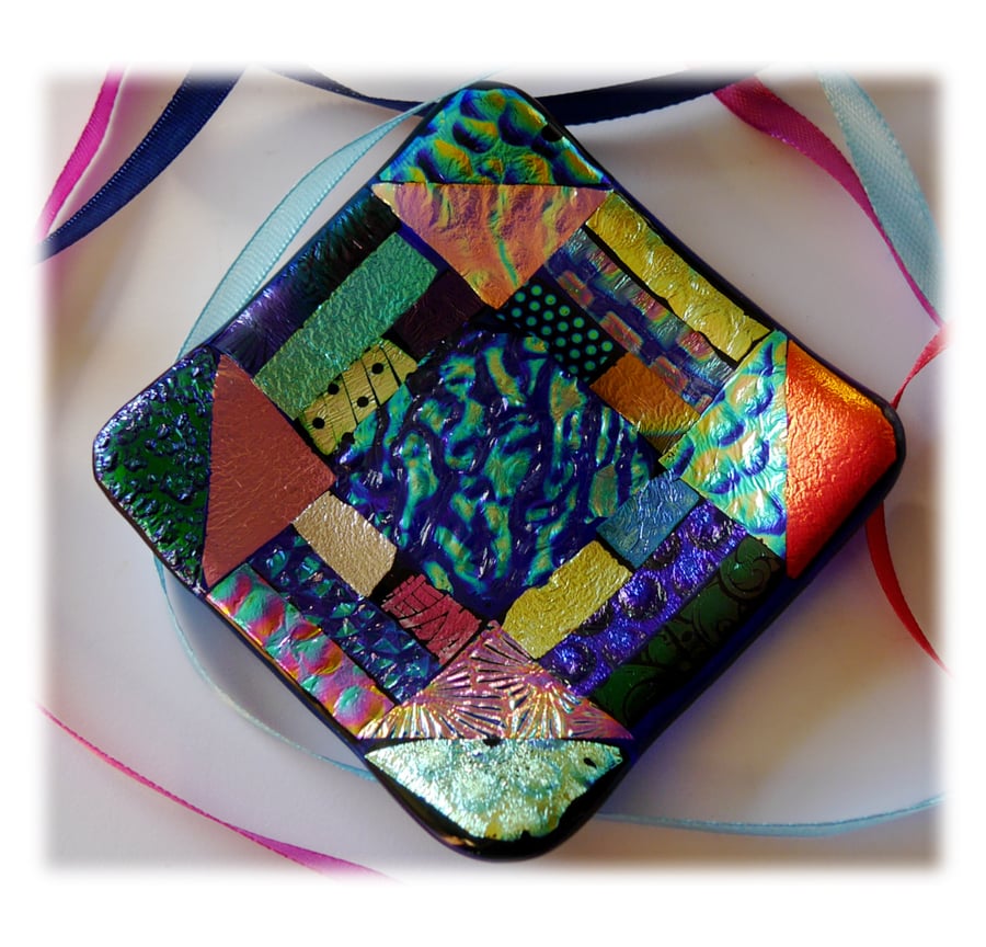 SOLD Patchwork Dichroic Treasure Fused Glass Trinket Dish 009 9cm 
