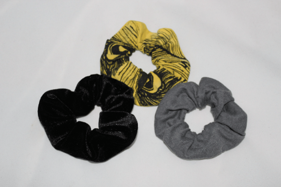 Elastic set of 3 hair scrunchie,black, grey, yellow peacock print,Eco gift
