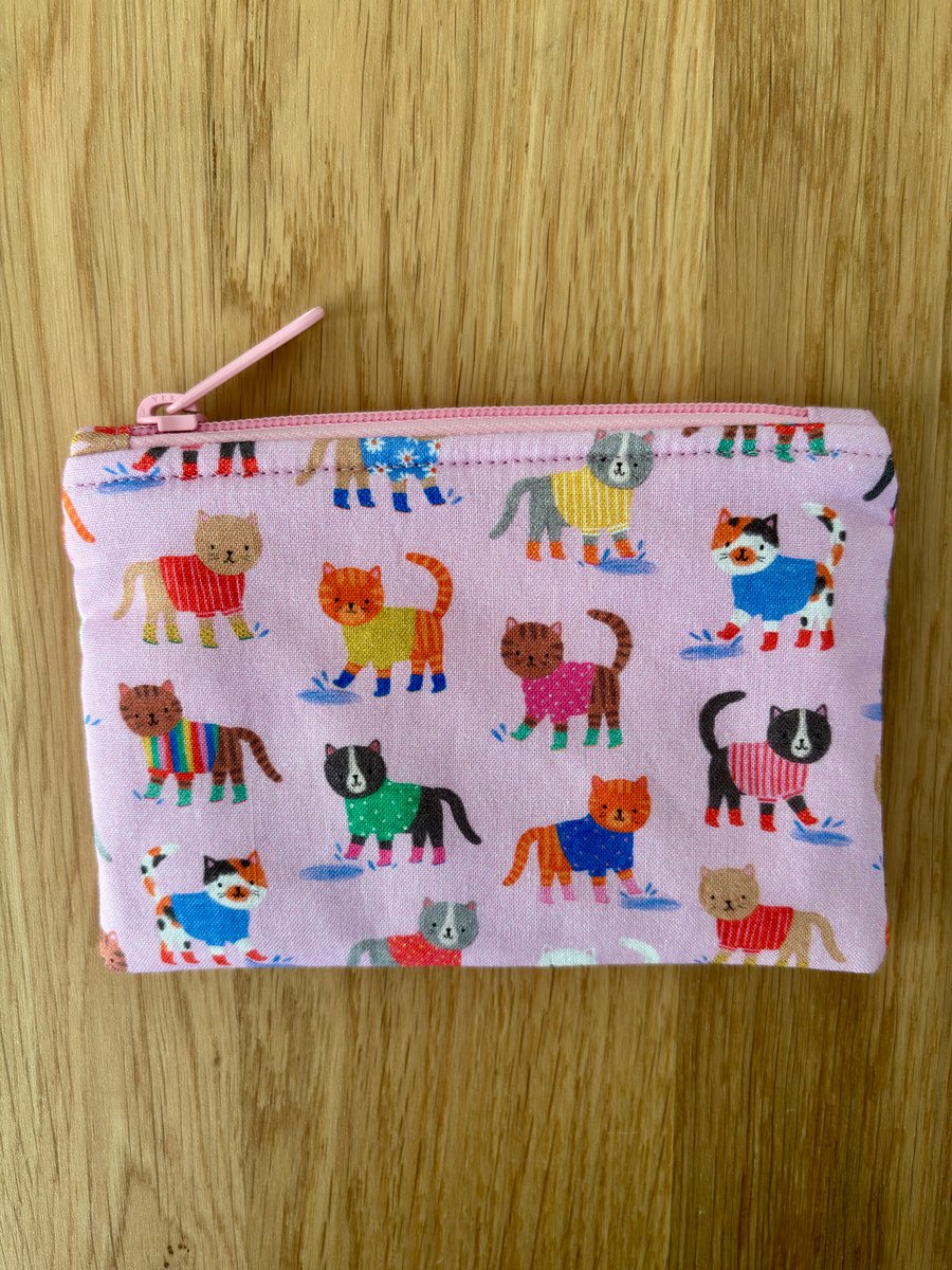 Small zipped fabric purse, pouch, make up bag, pink with fun cat print.
