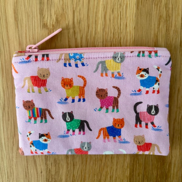 Small zipped fabric purse, pouch, make up bag, pink with fun cat print.