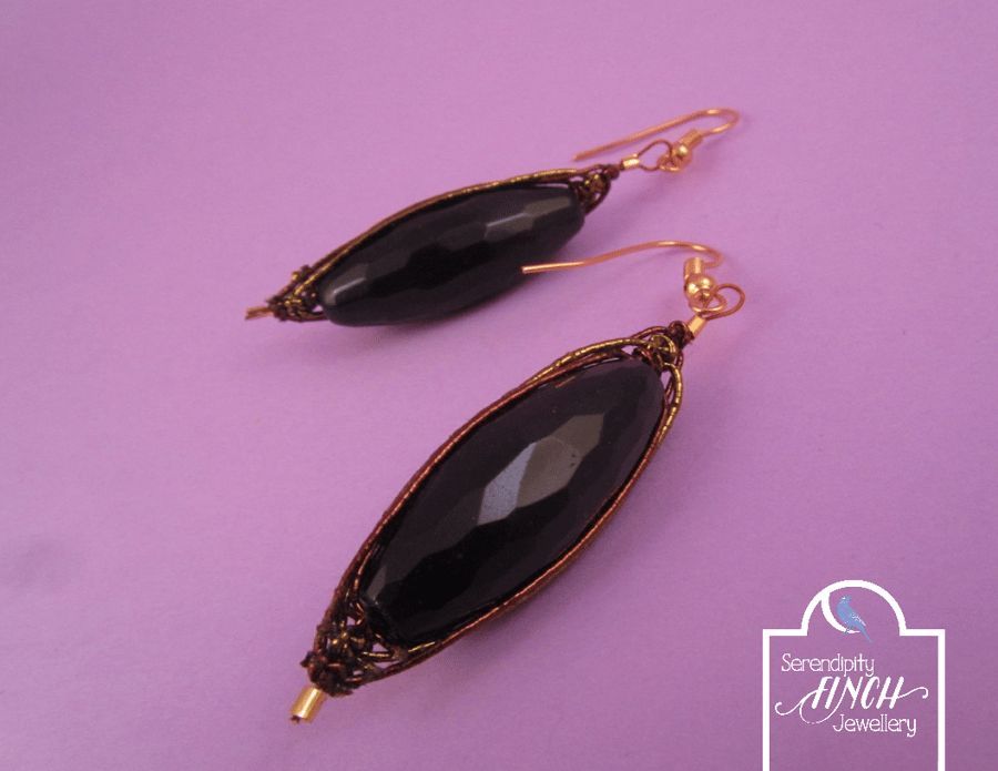Black Agate Sari Earrings, Black Agate Earrings, Black Earrings
