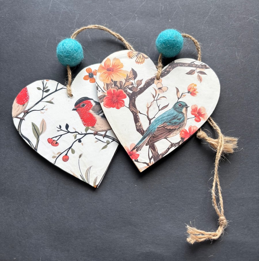 Lovely decoupaged bird hanging heart 