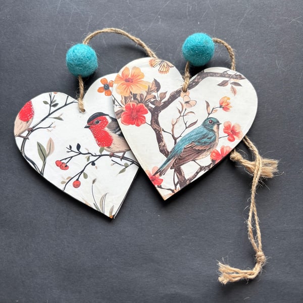 Lovely decoupaged bird hanging heart 