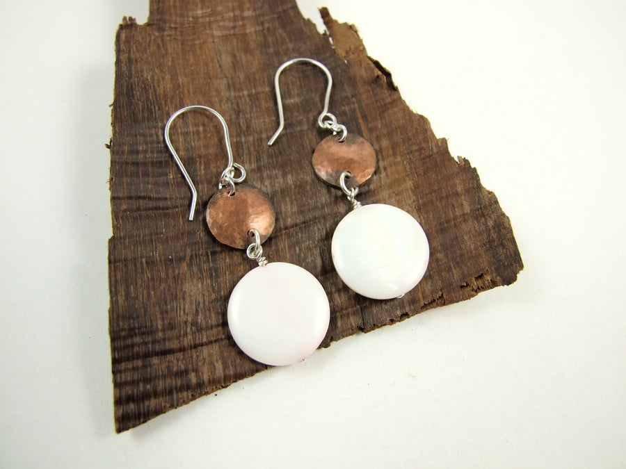 Earrings, Sterling Silver, Pale Pink Shell Disc and Hammered Copper