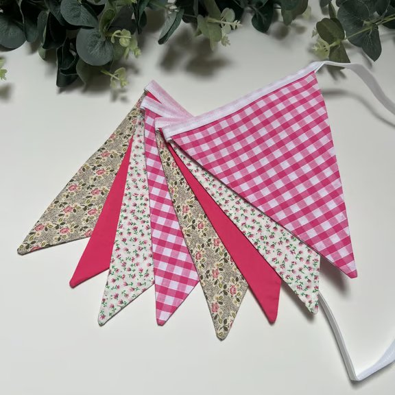 Handmade Floral Fabric Bunting: Pink & Green Home Decor