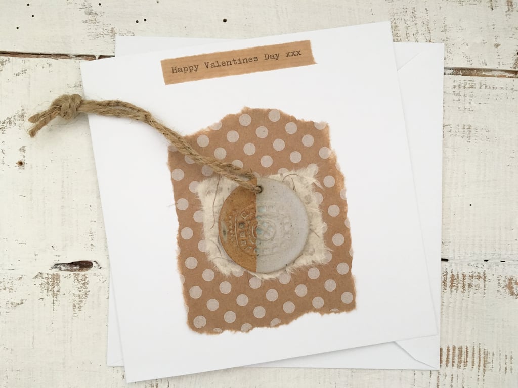 Happy valentines day card, hand made charm hanger attached, gift idea