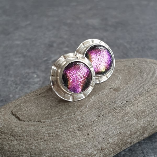 Bright purple glass studs, Dichroic glass jewellery, Round earrings