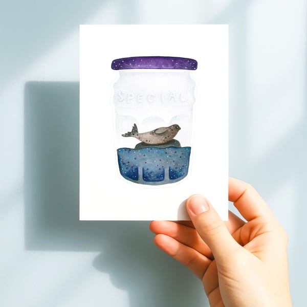 Common Seal in a jar, A6 giclée greetings card with recycled brown envelope