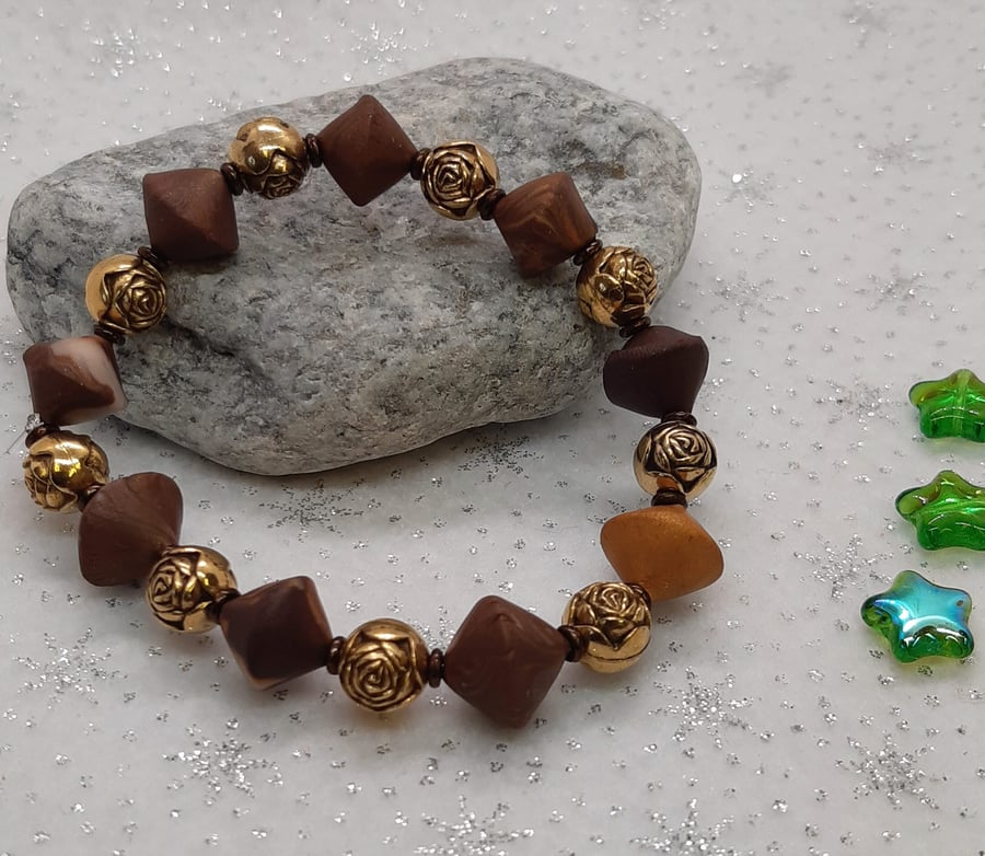 Brown and gold polymer clay bracelet