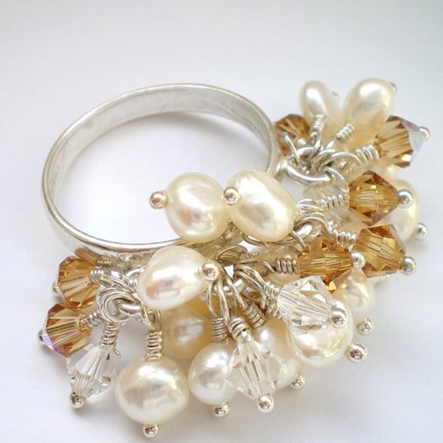 White Pearl and Crystal Bling Ring