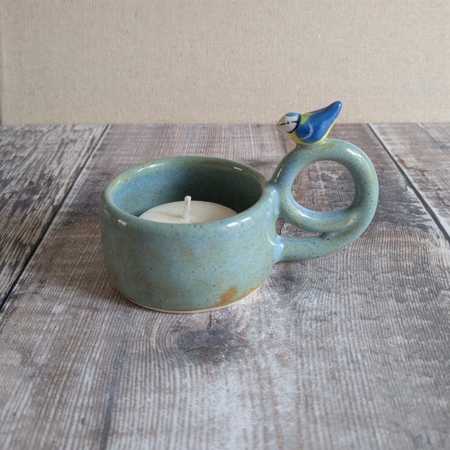 Ceramic tealight holder with mini blue tit