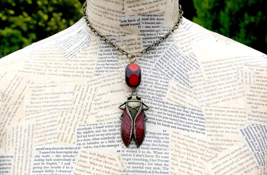 Cicada Beetle Red Bead Statement Necklace