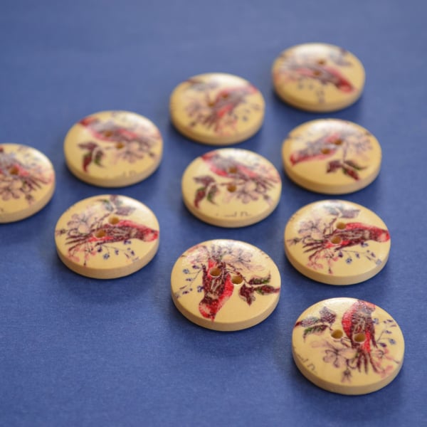 Wooden Red Bird Buttons Vintage Style 10pk 20mm (MB12)