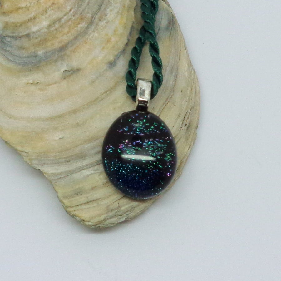 Dichroic fused glass small green pendant 