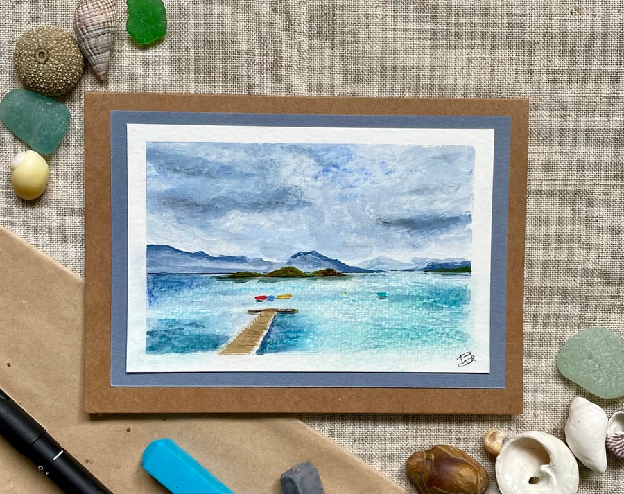 Blank greeting card, original artwork, Loch Lomond painted in acrylic.
