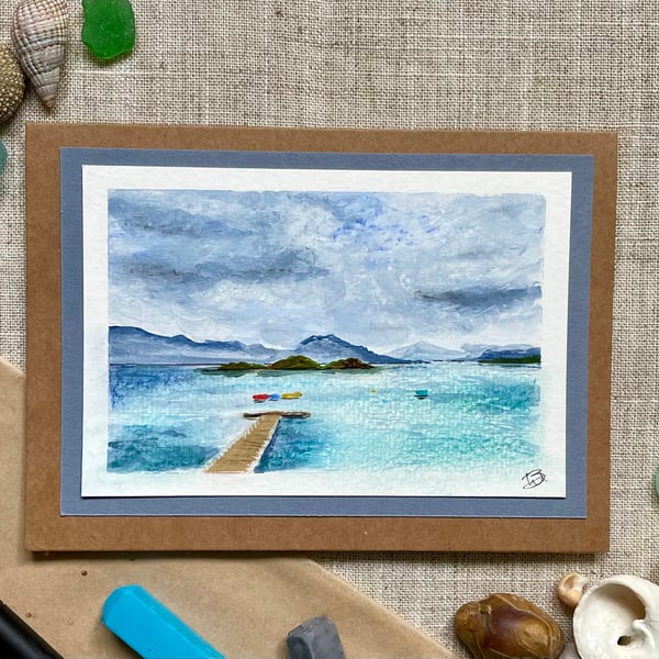 Blank greeting card, original artwork, Loch Lomond painted in acrylic.