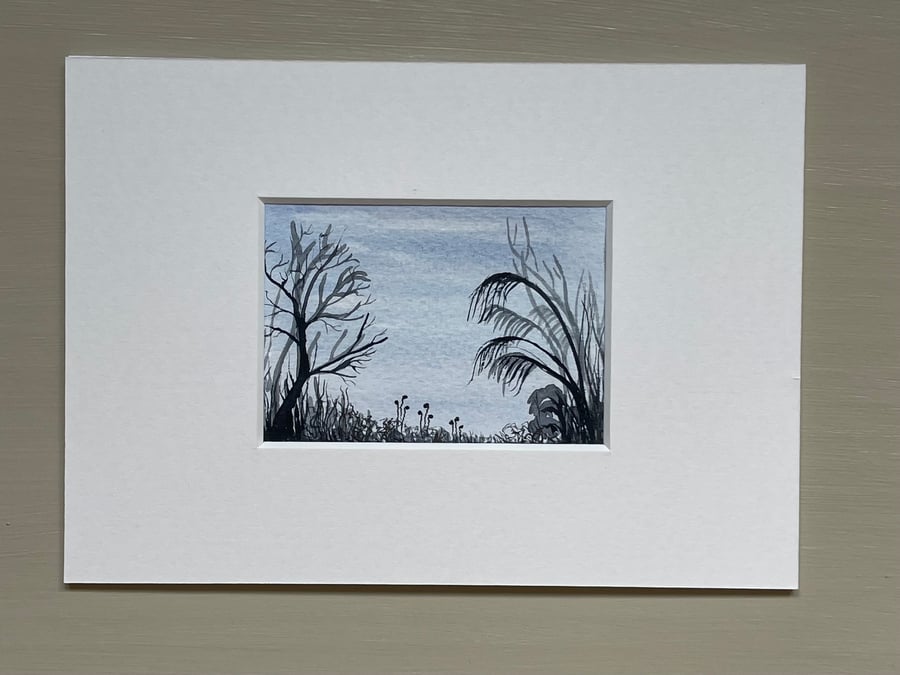 ACEO watercolour and ink pen silhouette of grasses and flowers original art blue