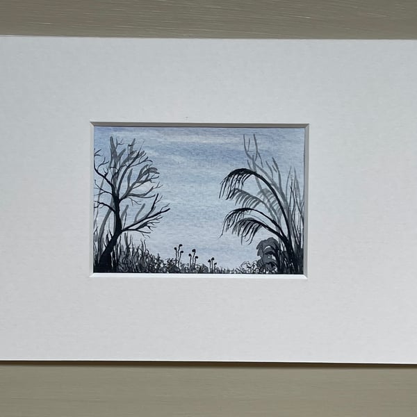 ACEO watercolour and ink pen silhouette of grasses and flowers original art blue