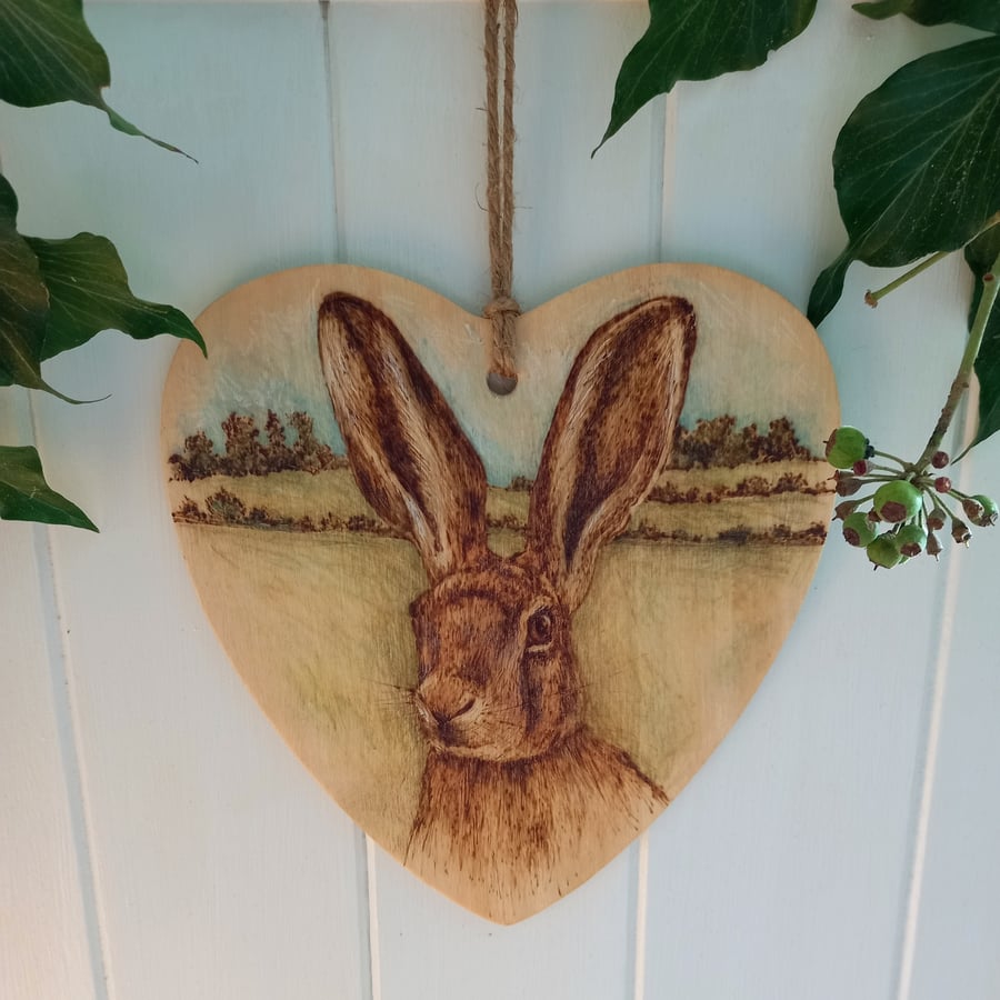 Hare pyrography wooden heart hanging decoration