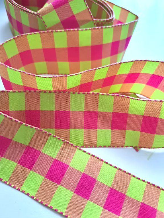 2.5 metres of bright pink and green checked ribbon, 36mm wide