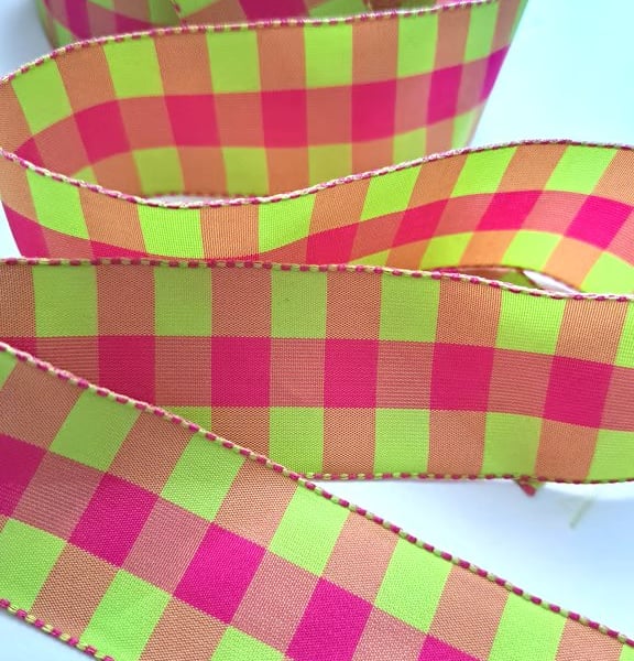 2.5 metres of bright pink and green checked ribbon, 36mm wide