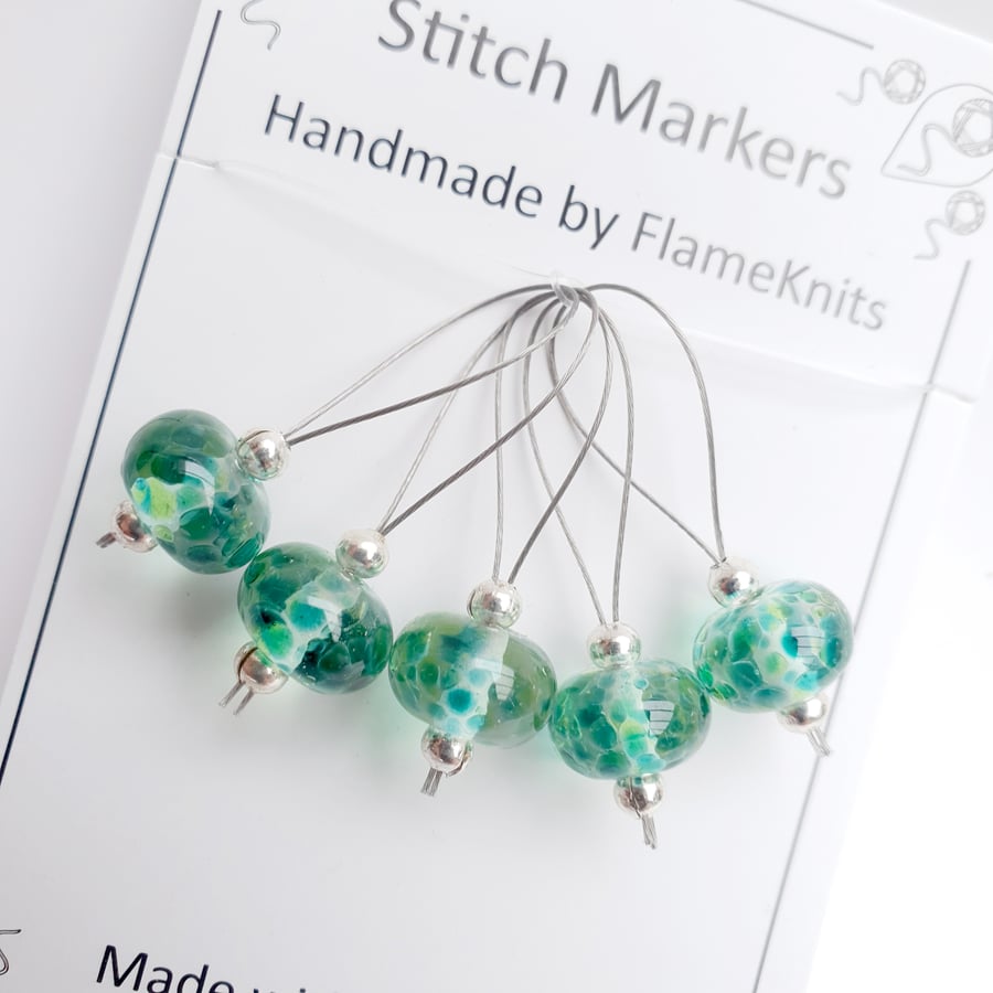 Lampwork Stitch Markers - Stained Glass Greens