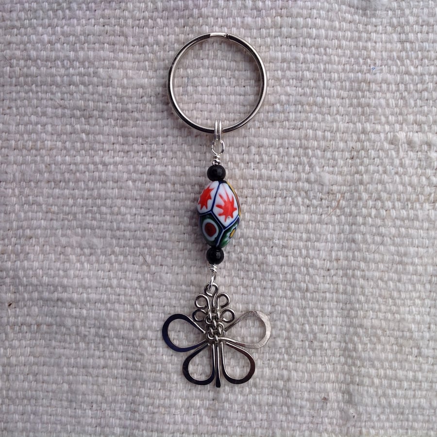 Keyring with vintage handmade African butterfly and millefiori bead