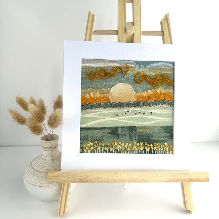Textile Art, Embroidered Art, Mounted Wall Art - Fields at Sunset