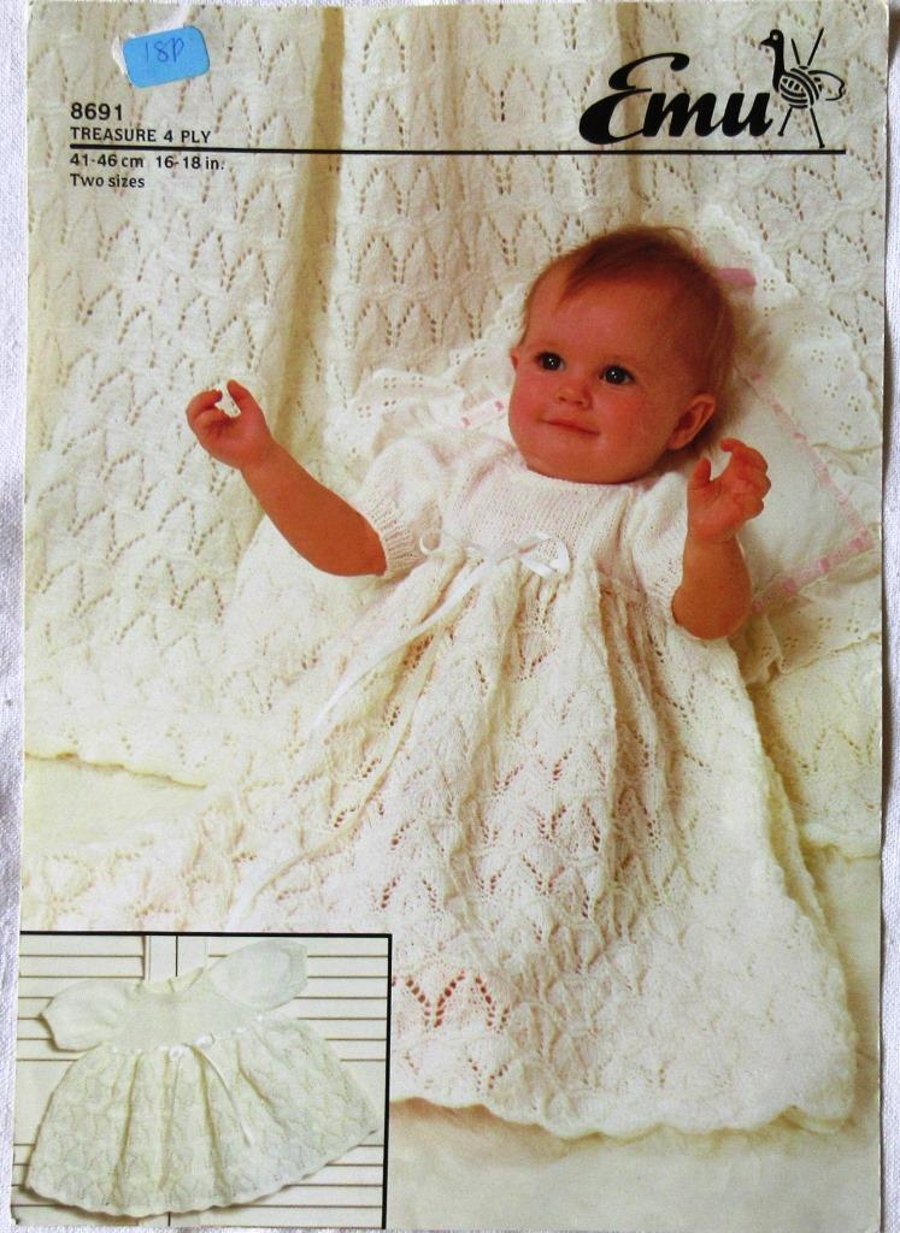 A knitting pattern for a baby's long or short lacy dress and shawl (Emu 8691)