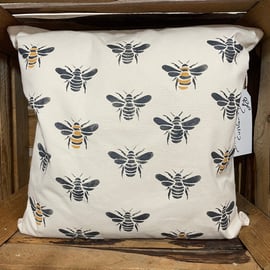 Hand Printed British Bee Bee-cause I love U Cushion Gift Eco Sustainable Handmad