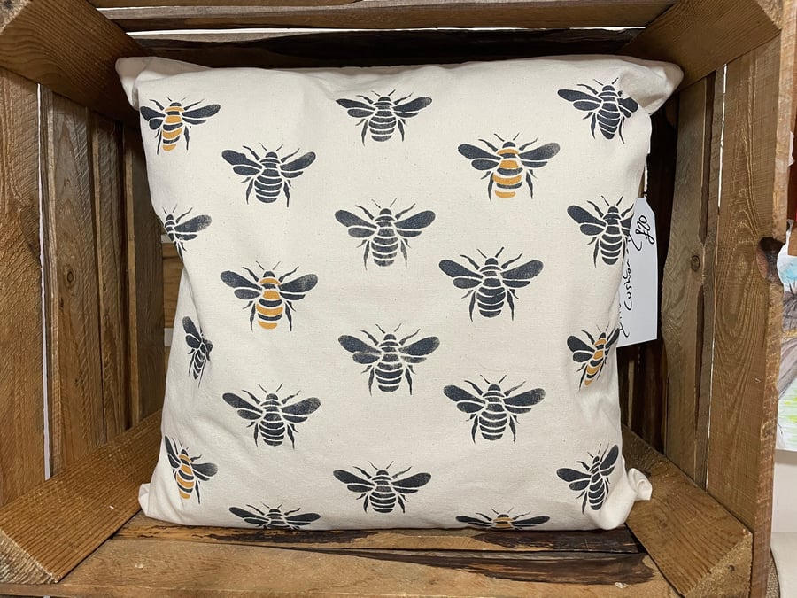 Hand Printed British Bee Bee-cause I love U Cushion Gift Eco Sustainable Handmad