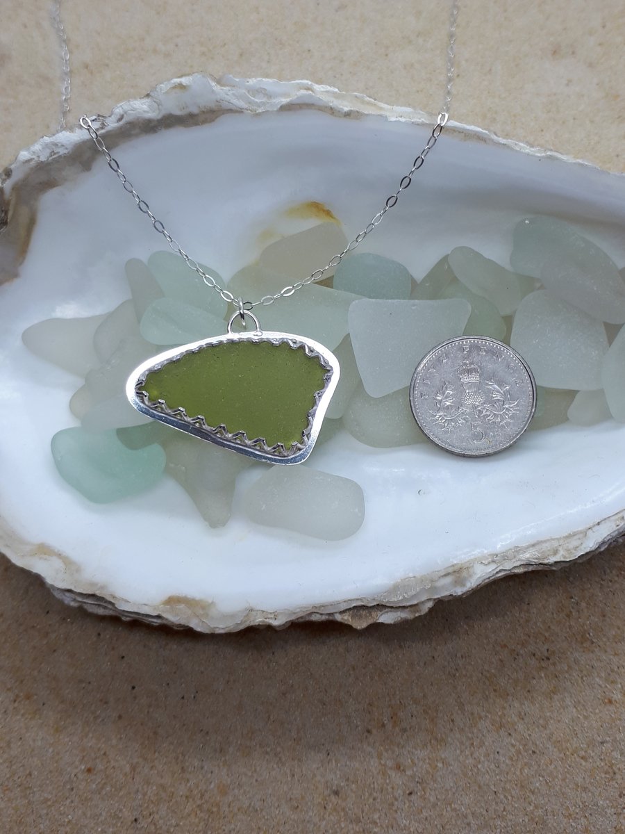 Olive yellow sea glass and silver pendant - Seconds Sunday 