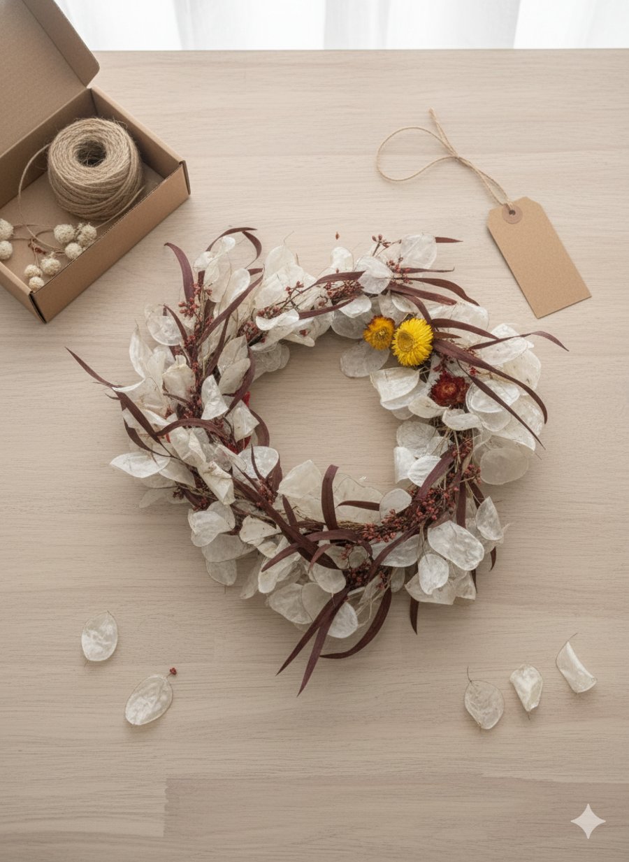 rustic hand made dried honesty flower wreath
