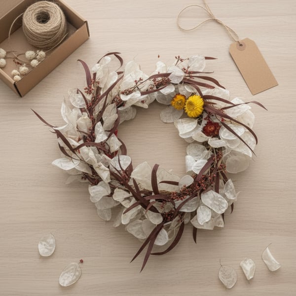 rustic hand made dried honesty flower wreath
