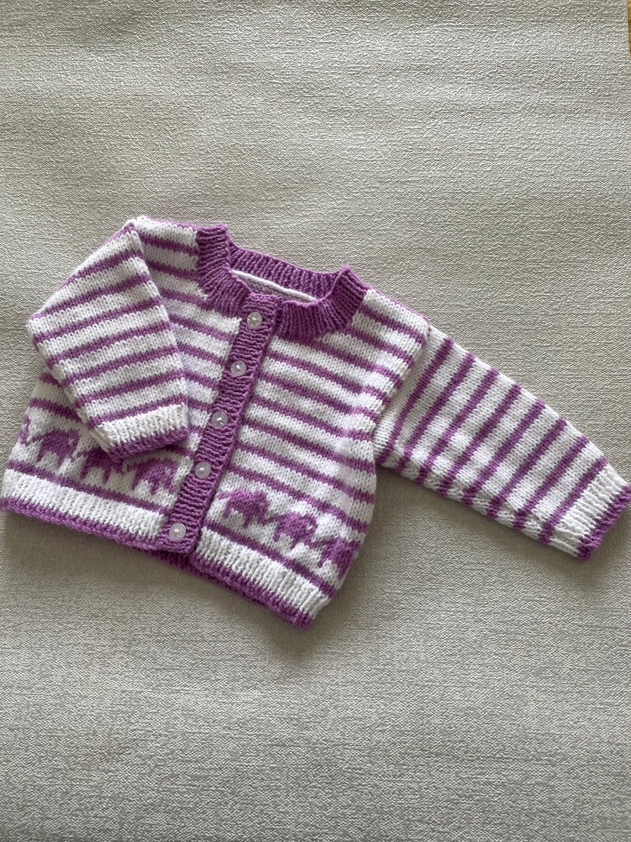 Purple and white striped baby cardigan with elephant border