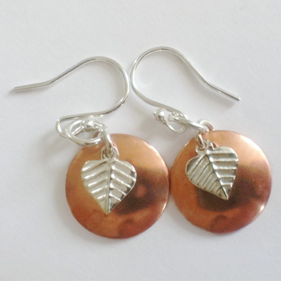 Copper & Sterling Silver Disc Leaf Earrings Dangle